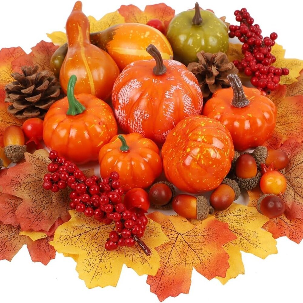 57pcs Fall Decorations for Home - Small Pumpkins for Decorating with Fake Leaves